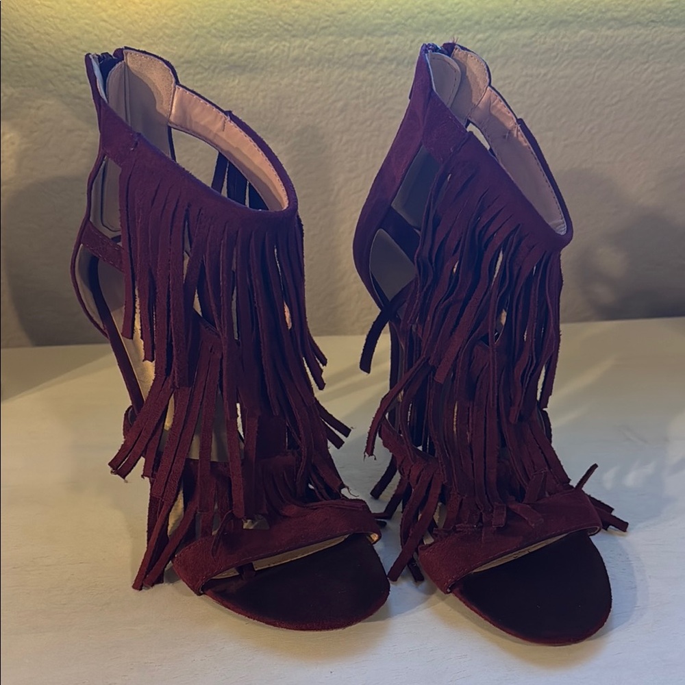 Fringe Suede High Heels - Burgundy